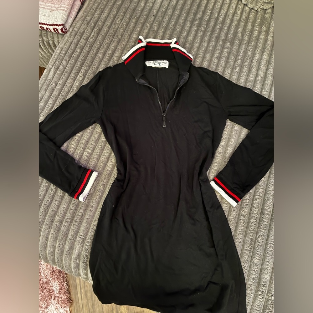 Chic Black Long Sleeve Dress with Red and White Trim